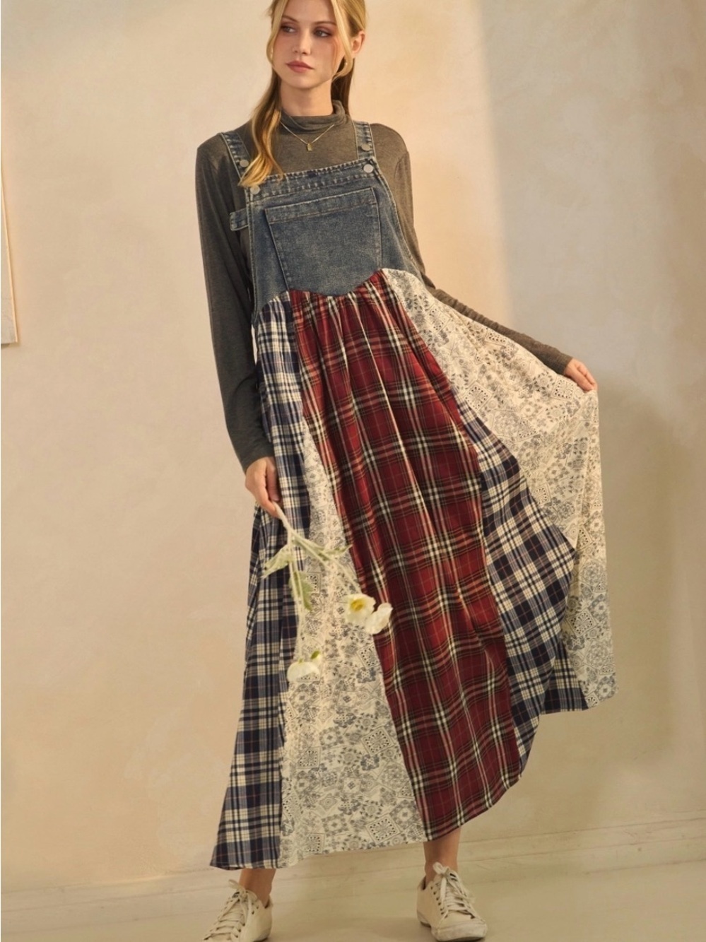 LAST LARGE‼️Oddi Patchwork Plaid Floral Overall Dress Denim Bib, Red Navy NWT